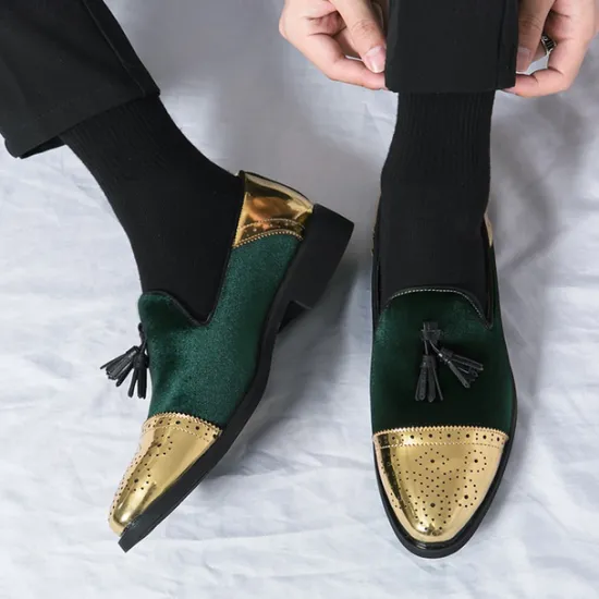 Outlet OUKU Men's Velvet and Gold Loafers | Luxury Tassel Slip-On Dress Shoes with Brogue Detailing for Christmas,Formal Events