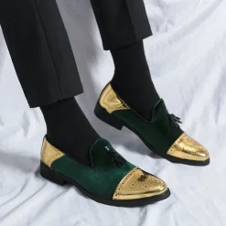 Outlet OUKU Men's Velvet and Gold Loafers | Luxury Tassel Slip-On Dress Shoes with Brogue Detailing for Christmas,Formal Events
