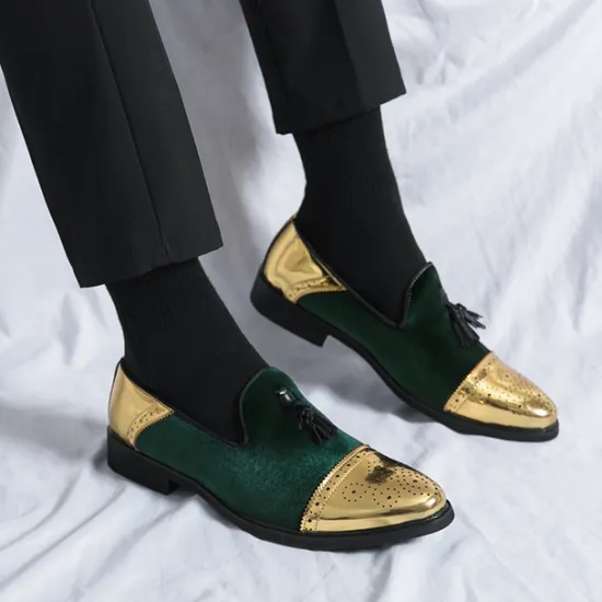 Outlet OUKU Men's Velvet and Gold Loafers | Luxury Tassel Slip-On Dress Shoes with Brogue Detailing for Christmas,Formal Events