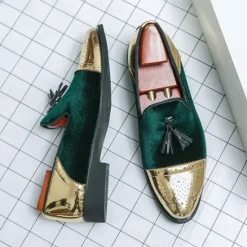 Outlet OUKU Men's Velvet and Gold Loafers | Luxury Tassel Slip-On Dress Shoes with Brogue Detailing for Christmas,Formal Events