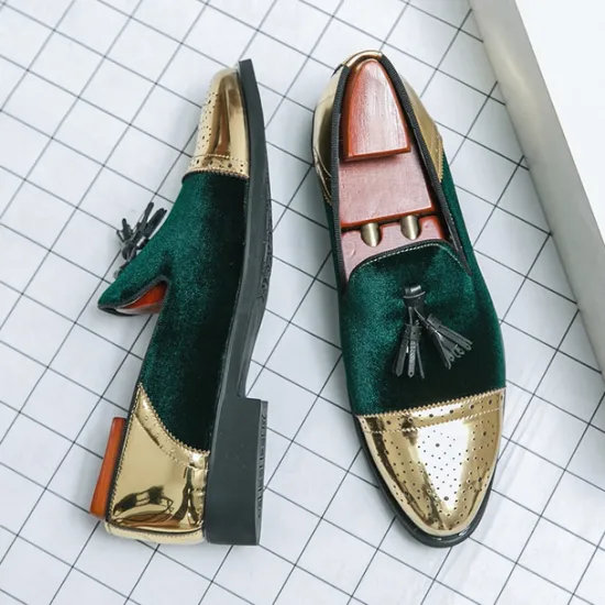 Outlet OUKU Men's Velvet and Gold Loafers | Luxury Tassel Slip-On Dress Shoes with Brogue Detailing for Christmas,Formal Events