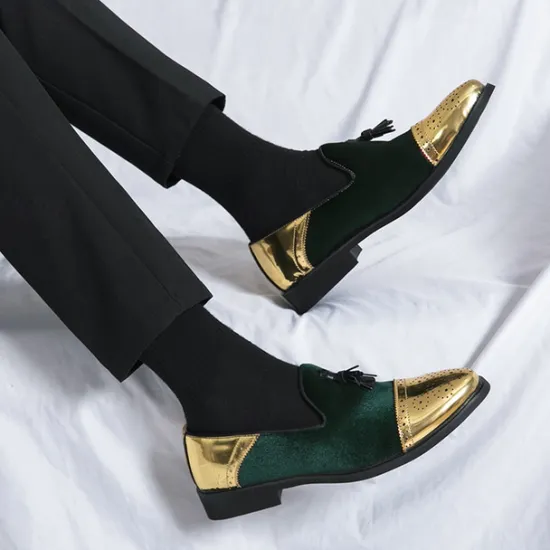 Outlet OUKU Men's Velvet and Gold Loafers | Luxury Tassel Slip-On Dress Shoes with Brogue Detailing for Christmas,Formal Events