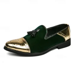 Outlet OUKU Men's Velvet and Gold Loafers | Luxury Tassel Slip-On Dress Shoes with Brogue Detailing for Christmas,Formal Events