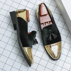 Outlet OUKU Men's Velvet and Gold Loafers | Luxury Tassel Slip-On Dress Shoes with Brogue Detailing for Christmas,Formal Events