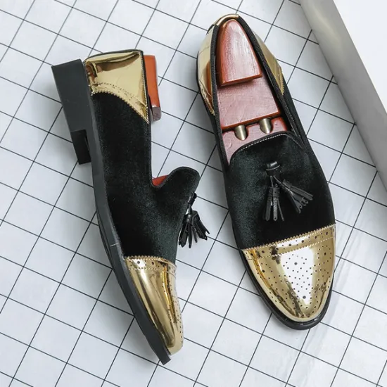 Outlet OUKU Men's Velvet and Gold Loafers | Luxury Tassel Slip-On Dress Shoes with Brogue Detailing for Christmas,Formal Events