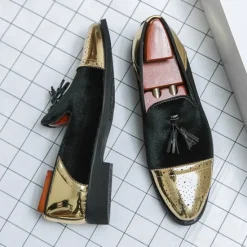 Outlet OUKU Men's Velvet and Gold Loafers | Luxury Tassel Slip-On Dress Shoes with Brogue Detailing for Christmas,Formal Events