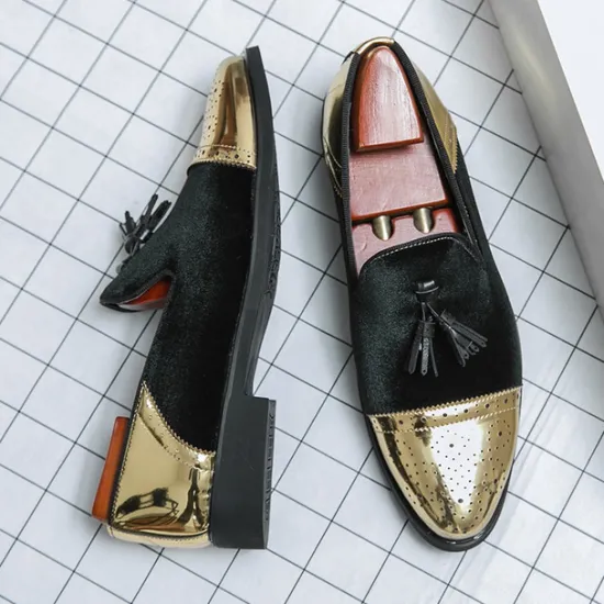 Outlet OUKU Men's Velvet and Gold Loafers | Luxury Tassel Slip-On Dress Shoes with Brogue Detailing for Christmas,Formal Events