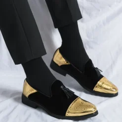 Outlet OUKU Men's Velvet and Gold Loafers | Luxury Tassel Slip-On Dress Shoes with Brogue Detailing for Christmas,Formal Events