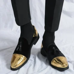 Outlet OUKU Men's Velvet and Gold Loafers | Luxury Tassel Slip-On Dress Shoes with Brogue Detailing for Christmas,Formal Events