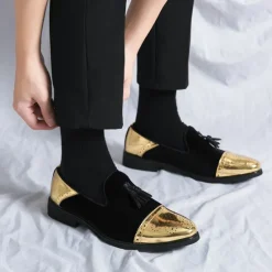 Outlet OUKU Men's Velvet and Gold Loafers | Luxury Tassel Slip-On Dress Shoes with Brogue Detailing for Christmas,Formal Events