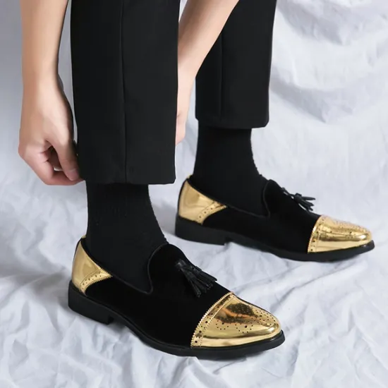 Outlet OUKU Men's Velvet and Gold Loafers | Luxury Tassel Slip-On Dress Shoes with Brogue Detailing for Christmas,Formal Events