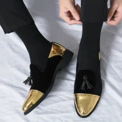 Outlet OUKU Men's Velvet and Gold Loafers | Luxury Tassel Slip-On Dress Shoes with Brogue Detailing for Christmas,Formal Events
