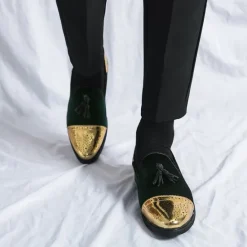Outlet OUKU Men's Velvet and Gold Loafers | Luxury Tassel Slip-On Dress Shoes with Brogue Detailing for Christmas,Formal Events