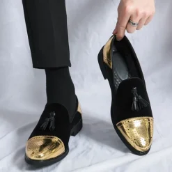 Outlet OUKU Men's Velvet and Gold Loafers | Luxury Tassel Slip-On Dress Shoes with Brogue Detailing for Christmas,Formal Events