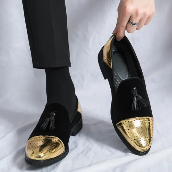 Outlet OUKU Men's Velvet and Gold Loafers | Luxury Tassel Slip-On Dress Shoes with Brogue Detailing for Christmas,Formal Events