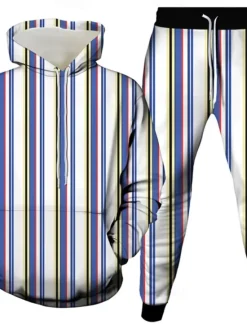 New OUKU Men's Vertical Stripes 2pcs 3D Sweatshirt Sets Tracksuit Hoodie Sweatshirt Long Sleeve Long pants Hooded Casual Daily Athleisure 3D Print Spring Fall Winter Robin's Egg Blue White Green