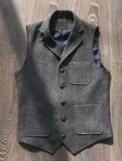 New OUKU Men's Vest Casual Daily Traditional Spring & Fall Basic Terylene Casual / Daily Solid / Plain Color Single Breasted Lapel Form Fit Khaki Gray Vest