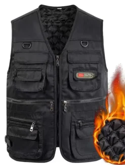 Online OUKU Men's Vest Daily Wear Vacation Weekend Soft Zipper Fall & Winter Plain Warm Modern Contemporary V Neck Activewear Thick Regular Black Army Green