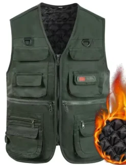 Online OUKU Men's Vest Daily Wear Vacation Weekend Soft Zipper Fall & Winter Plain Warm Modern Contemporary V Neck Activewear Thick Regular Black Army Green