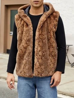 Discount OUKU Men's Vest Faux Fur Gilet Daily Date Vacation Fashion Casual Fall & Winter Keep Warm Polyester Comfortable Leopard Print Cardigan Stand Collar Regular Fit White Yellow Brown Vest
