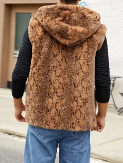 Discount OUKU Men's Vest Faux Fur Gilet Daily Date Vacation Fashion Casual Fall & Winter Keep Warm Polyester Comfortable Leopard Print Cardigan Stand Collar Regular Fit White Yellow Brown Vest