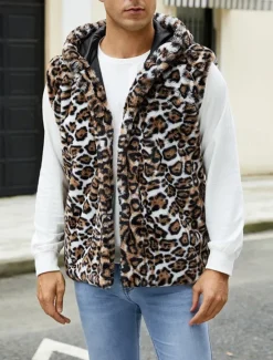 Discount OUKU Men's Vest Faux Fur Gilet Daily Date Vacation Fashion Casual Fall & Winter Keep Warm Polyester Comfortable Leopard Print Cardigan Stand Collar Regular Fit White Yellow Brown Vest