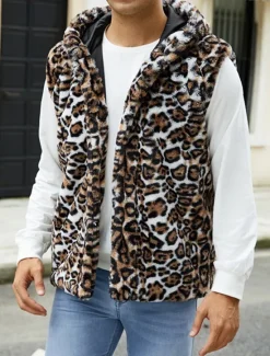 Discount OUKU Men's Vest Faux Fur Gilet Daily Date Vacation Fashion Casual Fall & Winter Keep Warm Polyester Comfortable Leopard Print Cardigan Stand Collar Regular Fit White Yellow Brown Vest