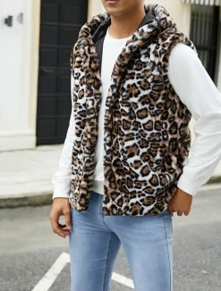 Discount OUKU Men's Vest Faux Fur Gilet Daily Date Vacation Fashion Casual Fall & Winter Keep Warm Polyester Comfortable Leopard Print Cardigan Stand Collar Regular Fit White Yellow Brown Vest