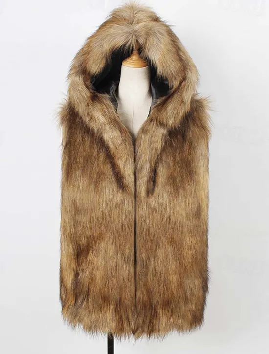 Clearance OUKU Men's Vest Faux Fur Gilet Daily Wear Vacation Going out Fashion Basic Winter Spring & Fall Hooded Faux Fur Comfortable Plain Single Breasted Hooded Regular Fit Vest Brown