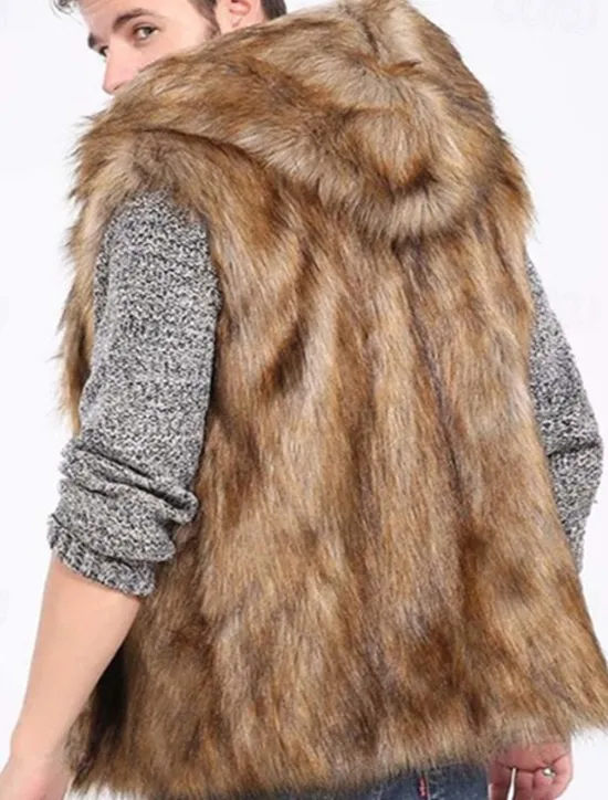 Clearance OUKU Men's Vest Faux Fur Gilet Daily Wear Vacation Going out Fashion Basic Winter Spring & Fall Hooded Faux Fur Comfortable Plain Single Breasted Hooded Regular Fit Vest Brown