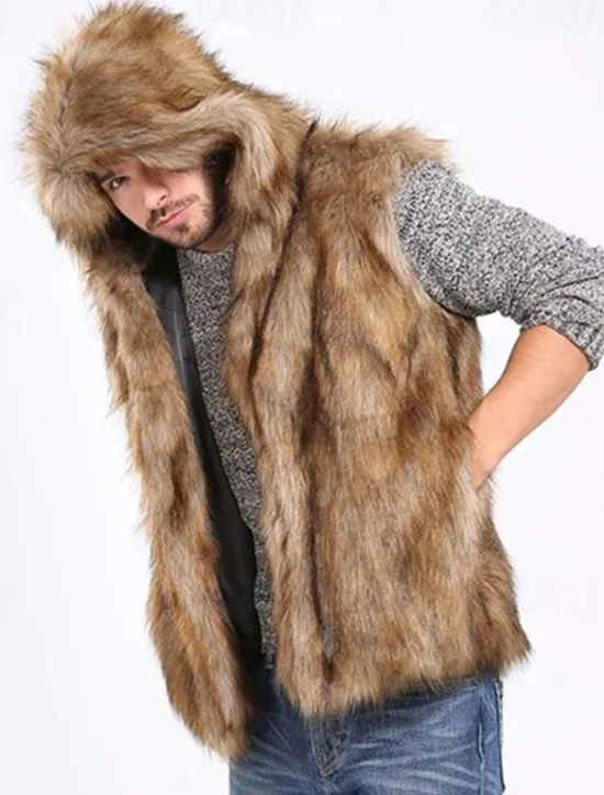 Clearance OUKU Men's Vest Faux Fur Gilet Daily Wear Vacation Going out Fashion Basic Winter Spring & Fall Hooded Faux Fur Comfortable Plain Single Breasted Hooded Regular Fit Vest Brown