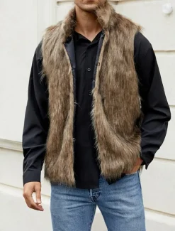 Discount OUKU Men's Vest Faux Fur Gilet Daily Date Vacation Fashion Casual Fall & Winter Keep Warm Polyester Comfortable Plain Cardigan Stand Collar Regular Fit Black White Yellow Vest