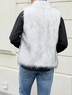 Discount OUKU Men's Vest Faux Fur Gilet Daily Date Vacation Fashion Casual Fall & Winter Keep Warm Polyester Comfortable Plain Cardigan Stand Collar Regular Fit Black White Yellow Vest