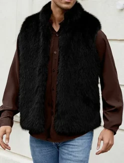 Discount OUKU Men's Vest Faux Fur Gilet Daily Date Vacation Fashion Casual Fall & Winter Keep Warm Polyester Comfortable Plain Cardigan Stand Collar Regular Fit Black White Yellow Vest