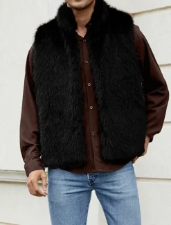 Discount OUKU Men's Vest Faux Fur Gilet Daily Date Vacation Fashion Casual Fall & Winter Keep Warm Polyester Comfortable Plain Cardigan Stand Collar Regular Fit Black White Yellow Vest