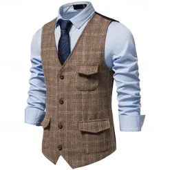 Outlet OUKU Men's Vest Gilet Business Casual Wedding Party Dress Comfortable Spring, Fall, Winter, Summer Polyester 95% Polyester 5% Spandex Plaid / Check Buttoned Front V Neck Regular Fit Black Khaki Gray Vest