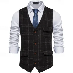 Outlet OUKU Men's Vest Gilet Business Casual Wedding Party Dress Comfortable Spring, Fall, Winter, Summer Polyester 95% Polyester 5% Spandex Plaid / Check Buttoned Front V Neck Regular Fit Black Khaki Gray Vest