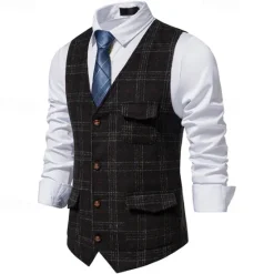 Outlet OUKU Men's Vest Gilet Business Casual Wedding Party Dress Comfortable Spring, Fall, Winter, Summer Polyester 95% Polyester 5% Spandex Plaid / Check Buttoned Front V Neck Regular Fit Black Khaki Gray Vest