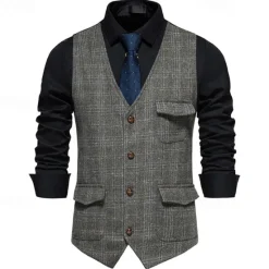 Outlet OUKU Men's Vest Gilet Business Casual Wedding Party Dress Comfortable Spring, Fall, Winter, Summer Polyester 95% Polyester 5% Spandex Plaid / Check Buttoned Front V Neck Regular Fit Black Khaki Gray Vest