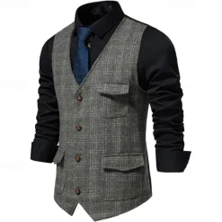 Outlet OUKU Men's Vest Gilet Business Casual Wedding Party Dress Comfortable Spring, Fall, Winter, Summer Polyester 95% Polyester 5% Spandex Plaid / Check Buttoned Front V Neck Regular Fit Black Khaki Gray Vest