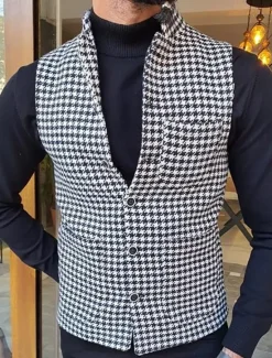 Online OUKU Men's Vest Gilet Casual Daily Traditional Spring & Fall Basic Polyester Casual Houndstooth Single Breasted Standing Collar Form Fit Vest Black