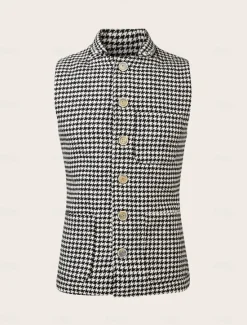 Online OUKU Men's Vest Gilet Casual Daily Traditional Spring & Fall Basic Polyester Casual Houndstooth Single Breasted Standing Collar Form Fit Vest Black