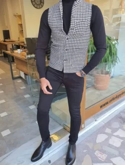 Online OUKU Men's Vest Gilet Casual Daily Traditional Spring & Fall Basic Polyester Casual Houndstooth Single Breasted Standing Collar Form Fit Vest Black