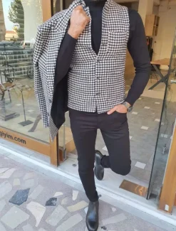 Online OUKU Men's Vest Gilet Casual Daily Traditional Spring & Fall Basic Polyester Casual Houndstooth Single Breasted Standing Collar Form Fit Vest Black