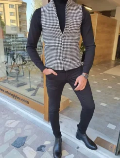 Online OUKU Men's Vest Gilet Casual Daily Traditional Spring & Fall Basic Polyester Casual Houndstooth Single Breasted Standing Collar Form Fit Vest Black