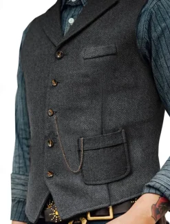 Outlet OUKU Men's Vest Gilet Daily Date Vacation Fashion Casual Spring & Fall Buttons Pocket 80% Cotton Comfortable Plain Single Breasted One-button Lapel Regular Fit Navy Blue Khaki Dark Gray Vest