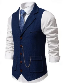 Outlet OUKU Men's Vest Gilet Daily Date Vacation Fashion Casual Spring & Fall Buttons Pocket 80% Cotton Comfortable Plain Single Breasted One-button Lapel Regular Fit Navy Blue Khaki Dark Gray Vest
