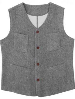 Hot OUKU Men's Vest Gilet Daily Date Vacation Fashion Business Spring & Fall Button Pocket Polyester Comfortable Plaid Single Breasted One-button V Neck Regular Fit Black Gray Vest