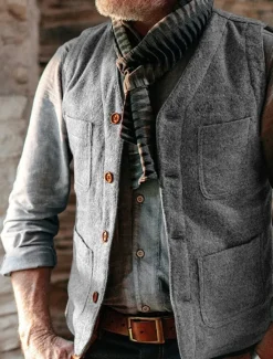 Hot OUKU Men's Vest Gilet Daily Date Vacation Fashion Business Spring & Fall Button Pocket Polyester Comfortable Plaid Single Breasted One-button V Neck Regular Fit Black Gray Vest