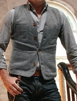 Hot OUKU Men's Vest Gilet Daily Date Vacation Fashion Business Spring & Fall Button Pocket Polyester Comfortable Plaid Single Breasted One-button V Neck Regular Fit Black Gray Vest